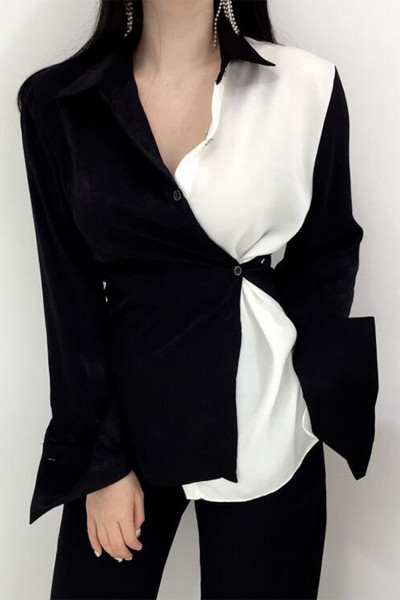 Дамска модерна риза с шпиц деколте в черно-бял цвят