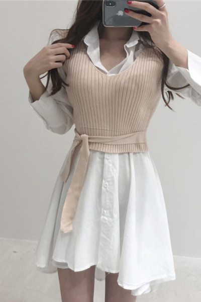 Дамска рокля тип риза с класическа яка плюс жилетка 