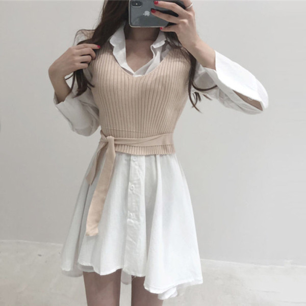 Дамска рокля тип риза с класическа яка плюс жилетка 