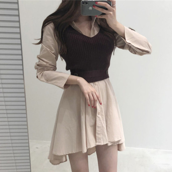 Дамска рокля тип риза с класическа яка плюс жилетка 