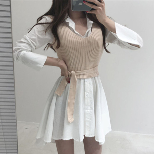 Дамска рокля тип риза с класическа яка плюс жилетка 