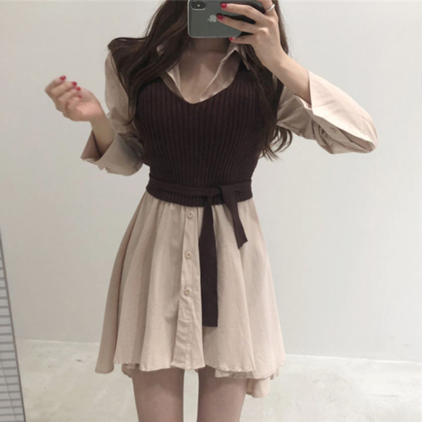 Дамска рокля тип риза с класическа яка плюс жилетка 