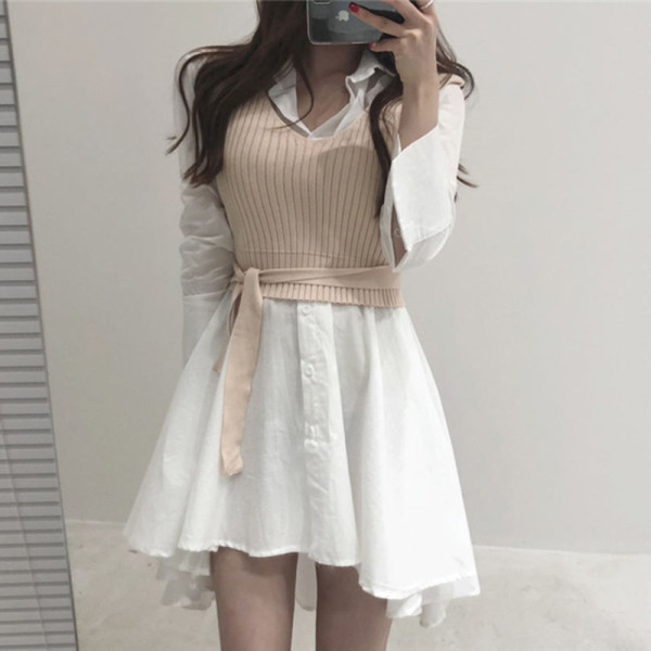 Дамска рокля тип риза с класическа яка плюс жилетка 