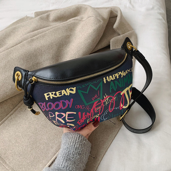 Geantă de damă din piele cu mâner lung și inscripții colorate