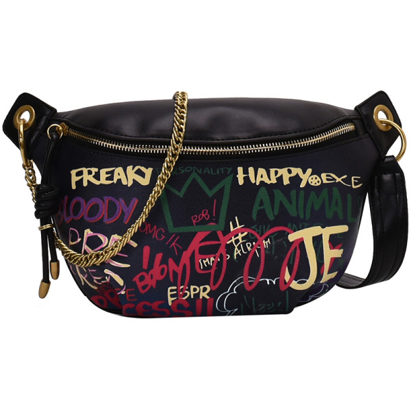 Geantă de damă din piele cu mâner lung și inscripții colorate