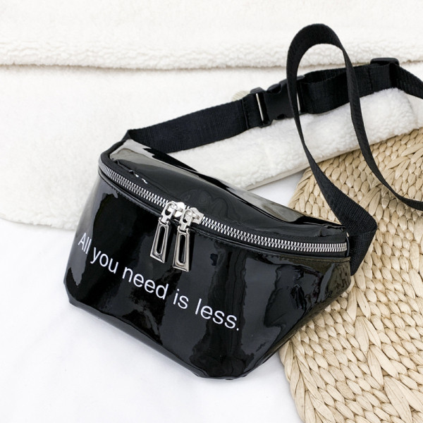 Geantă de umăr sau talie de damă de ultimă generație cu efect de lac și inscripție