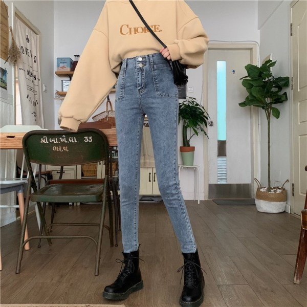 Ежедневни дамски дънки с висока талия и копчета 