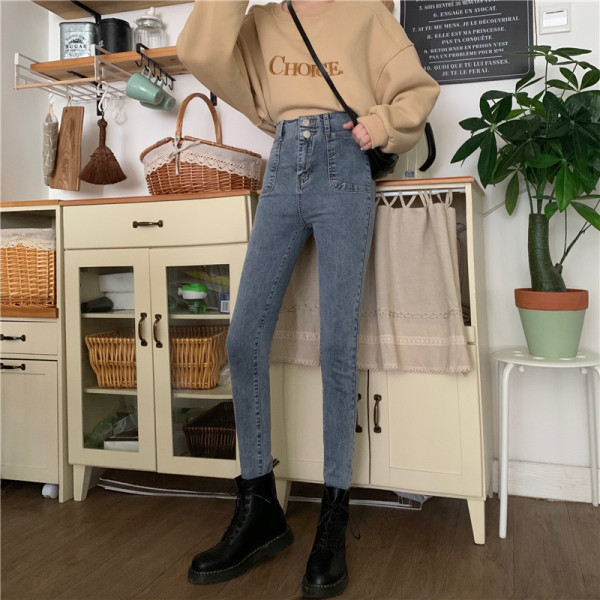 Ежедневни дамски дънки с висока талия и копчета 