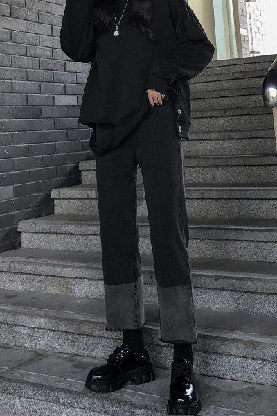 Ежедневни дамски дънки с висока талия -широк модел в черен цвят