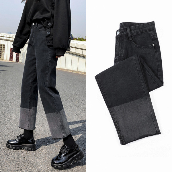 Ежедневни дамски дънки с висока талия -широк модел в черен цвят