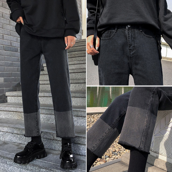 Ежедневни дамски дънки с висока талия -широк модел в черен цвят