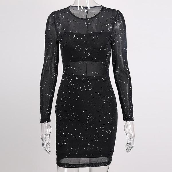 Елегантна дамска къса рокля с дълъг ръкав и лъскав ефект 