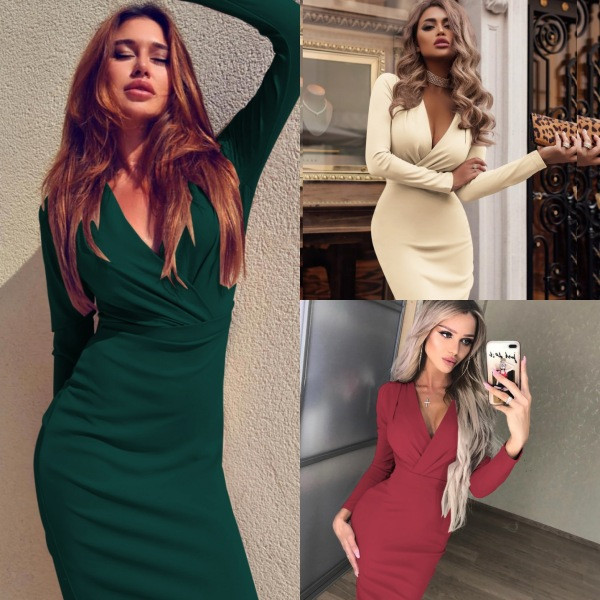 Модерна дамска рокля  с V-образно деколте и дълъг ръкав