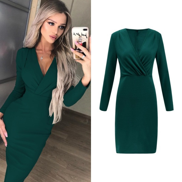 Модерна дамска рокля  с V-образно деколте и дълъг ръкав