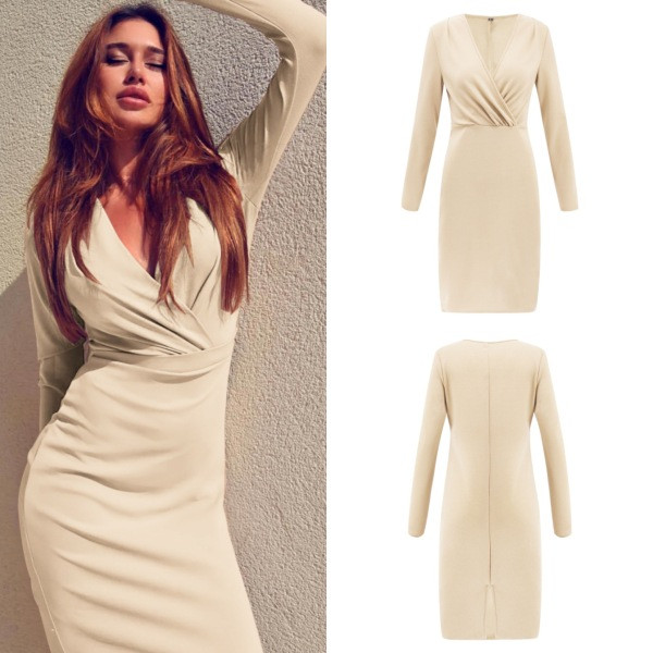 Модерна дамска рокля  с V-образно деколте и дълъг ръкав