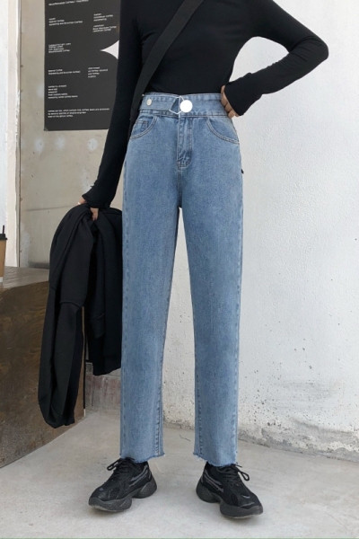 Модерни дамски дълги дънки с висока талия и джобове 