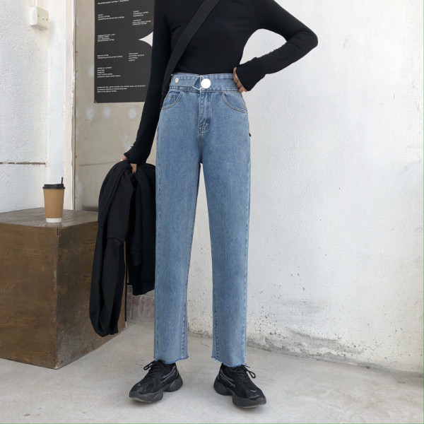 Модерни дамски дълги дънки с висока талия и джобове 