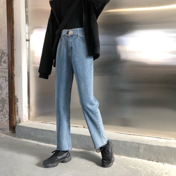 Модерни дамски дълги дънки с висока талия и джобове 