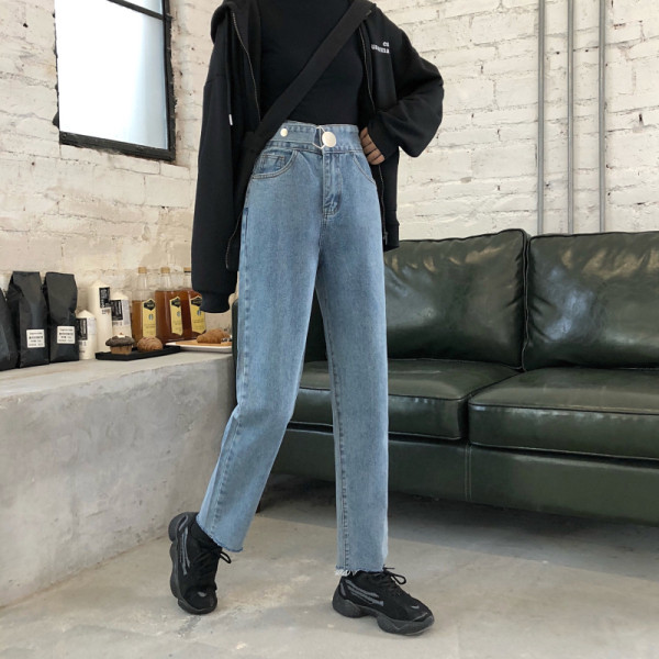 Модерни дамски дълги дънки с висока талия и джобове 