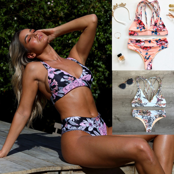 Дамски бански от две части с флорален десен и кръстосани презрамки