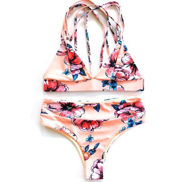 Дамски бански от две части с флорален десен и кръстосани презрамки