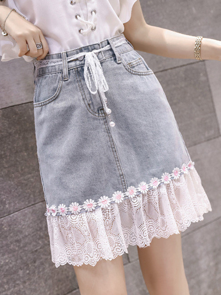 Laisvas moteriškas sijonas su nėriniais ir aukštu juosmeniu