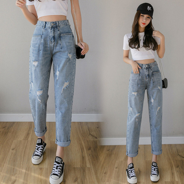 Дамски дънки с висока талия и скъсани мотиви