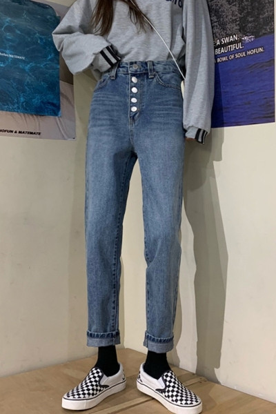 Дамски дълги дънки с висока талия и копчета 