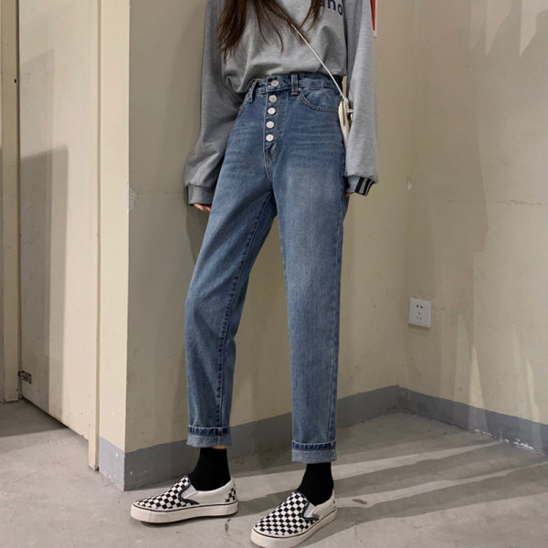 Дамски дълги дънки с висока талия и копчета 