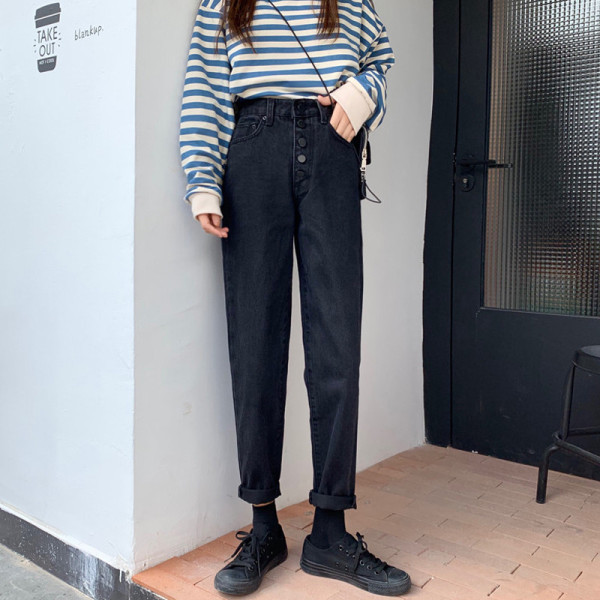 Дамски дълги дънки с висока талия и копчета 