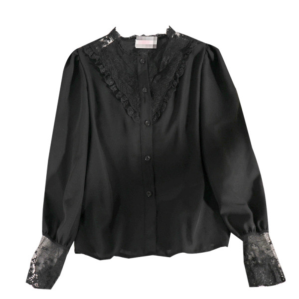 Модерна дамска риза с дантелена яка и дълъг ръкав 