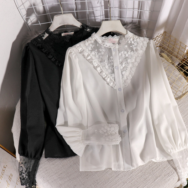 Модерна дамска риза с дантелена яка и дълъг ръкав 