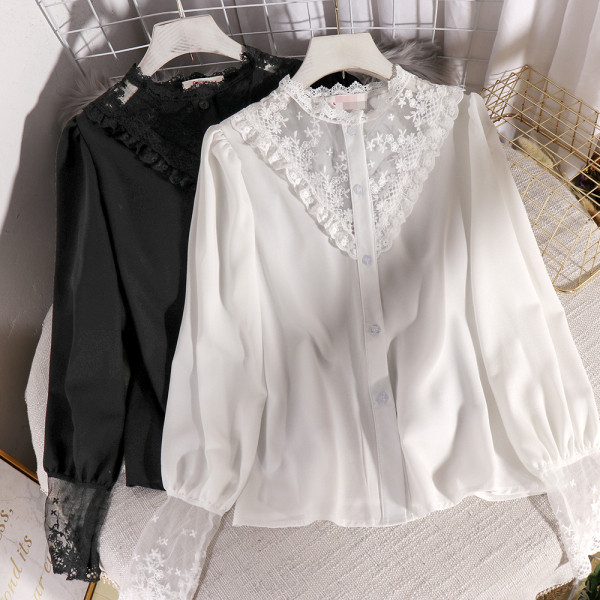 Модерна дамска риза с дантелена яка и дълъг ръкав 