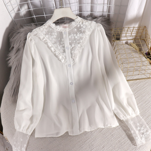 Модерна дамска риза с дантелена яка и дълъг ръкав 