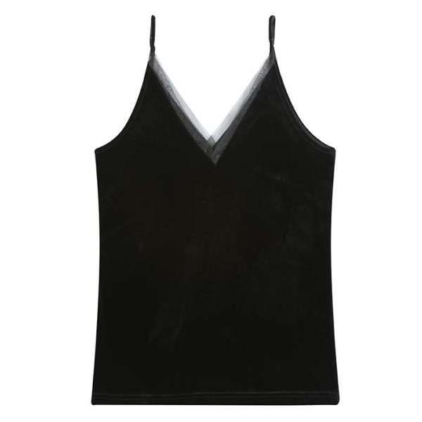 Moodne naiste sametist õhukeste rihmade ja spitsikaelusega topp