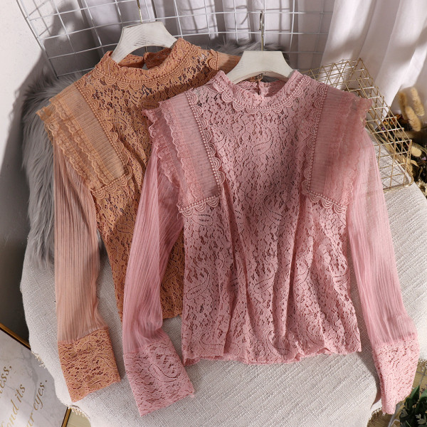 Модерна дамска дантелена риза с дълъг ръкав и бродерия 