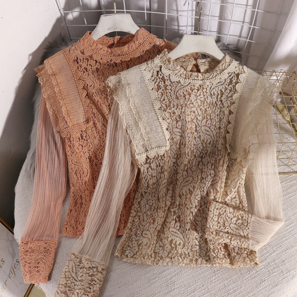 Модерна дамска дантелена риза с дълъг ръкав и бродерия 