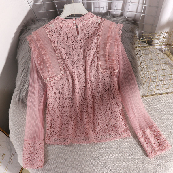 Модерна дамска дантелена риза с дълъг ръкав и бродерия 