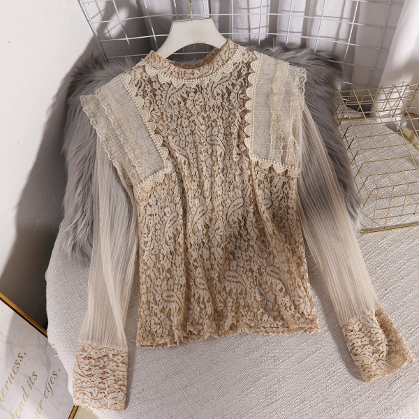 Модерна дамска дантелена риза с дълъг ръкав и бродерия 