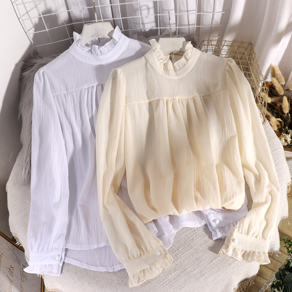 Cămașă elegantă de damă cu guler înalt, bucle și mâneci lungi