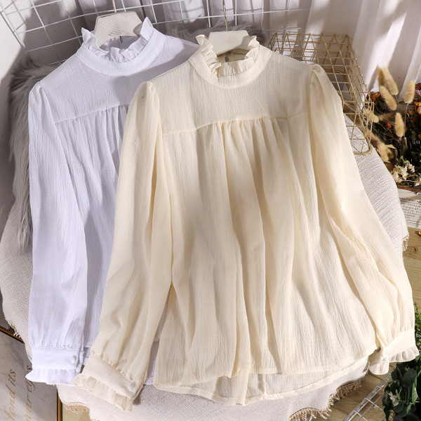 Cămașă elegantă de damă cu guler înalt, bucle și mâneci lungi