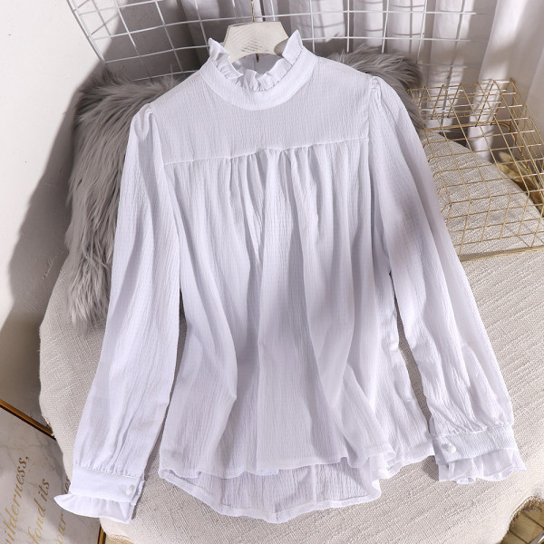 Cămașă elegantă de damă cu guler înalt, bucle și mâneci lungi