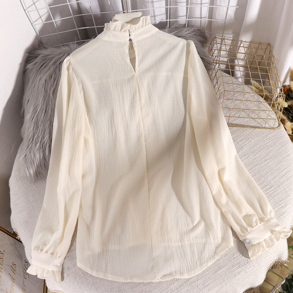 Cămașă elegantă de damă cu guler înalt, bucle și mâneci lungi