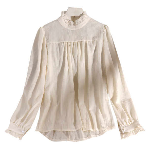 Cămașă elegantă de damă cu guler înalt, bucle și mâneci lungi