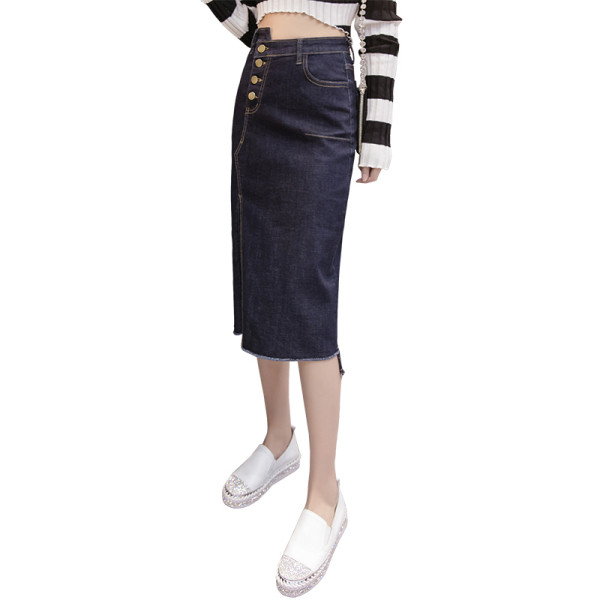 Fusta de dama moderna din denim, cu fanta si talie inalta