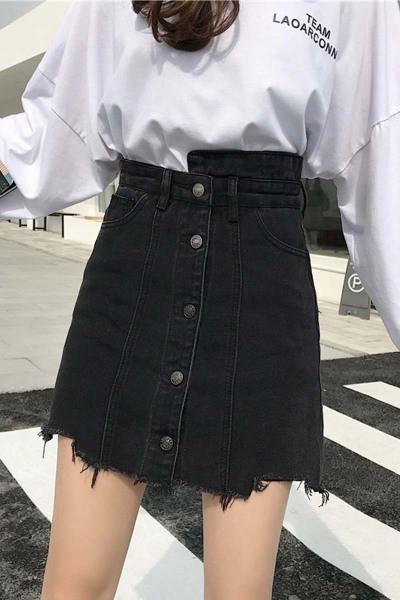 Fusta de dama casual din denim cu talie inalta, motive rupte si nasturi