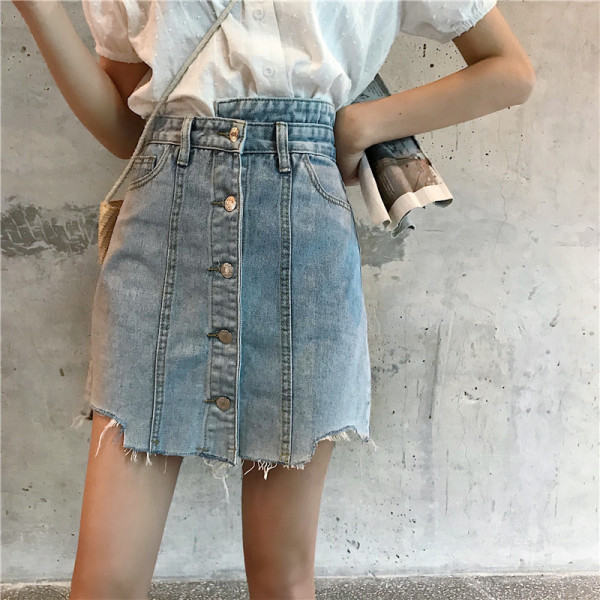 Fusta de dama casual din denim cu talie inalta, motive rupte si nasturi
