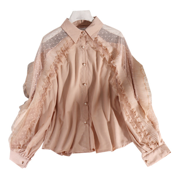 Modernūs moteriški marškiniai su klasikine apykakle, sagomis ir tiulio rankovėmis