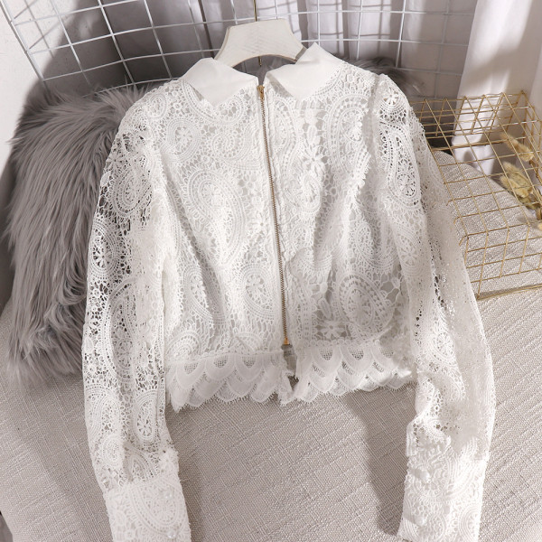 Cămașă scurtă de dantelă de damă elegantă, cu panglică și mâneci lungi