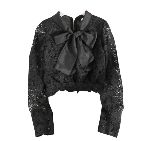 Cămașă scurtă de dantelă de damă elegantă, cu panglică și mâneci lungi